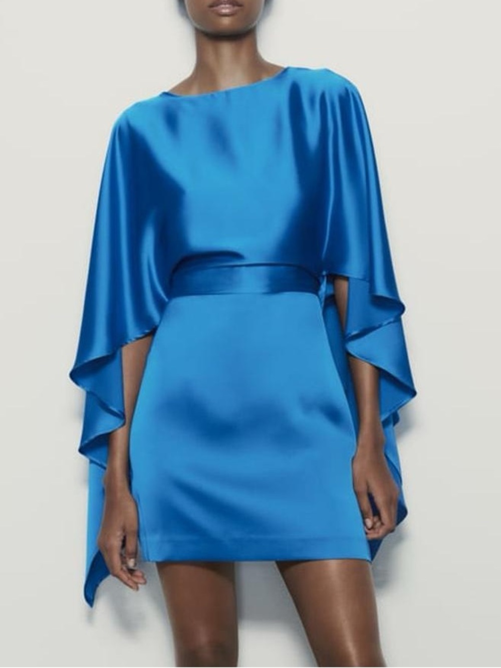 Zara Bright Blue Satin Mini Dress with Cape Sleeves